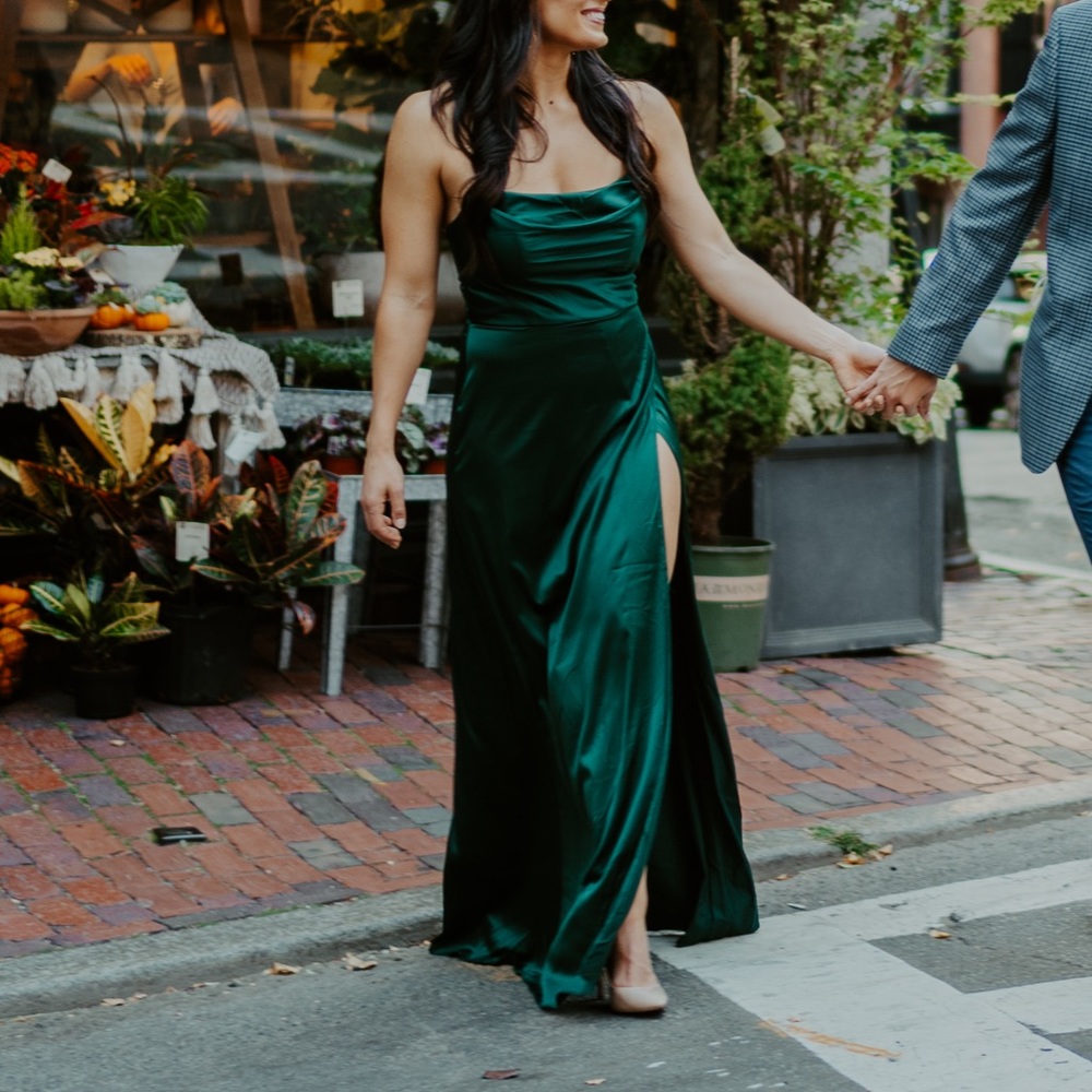 David’s Bridal Green Charmeuse Gown